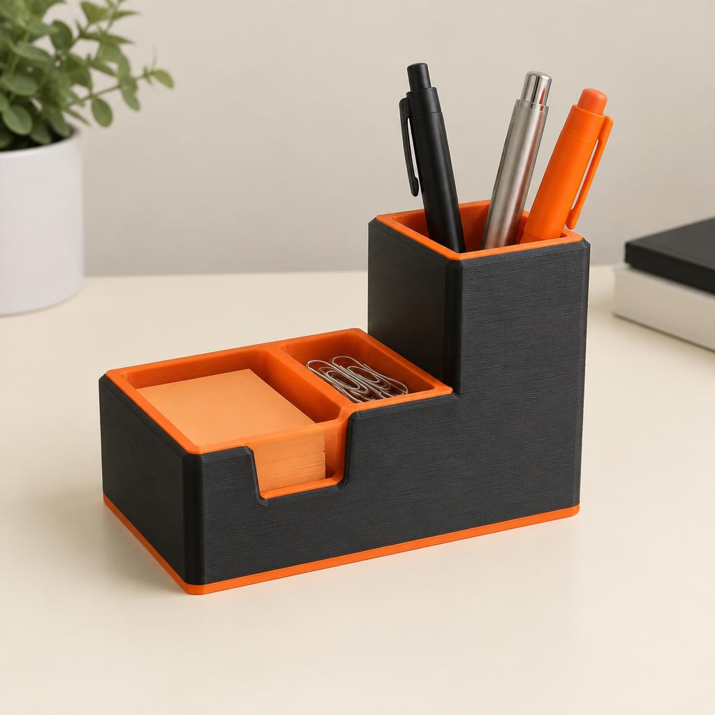 Product preview: black and orange 3D-printed desk organizer