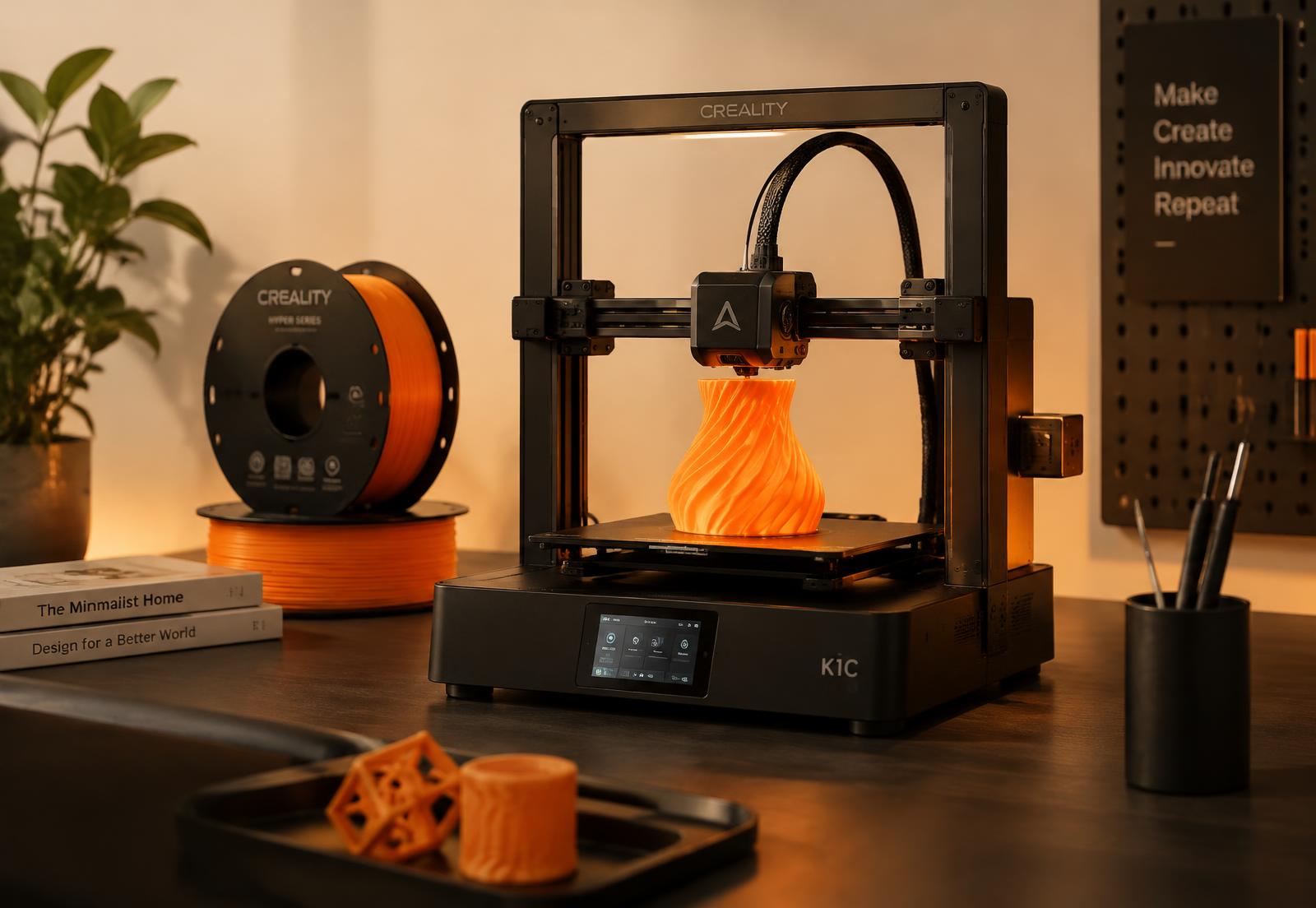 Product preview: bright orange 3D-printed object being made on a printer